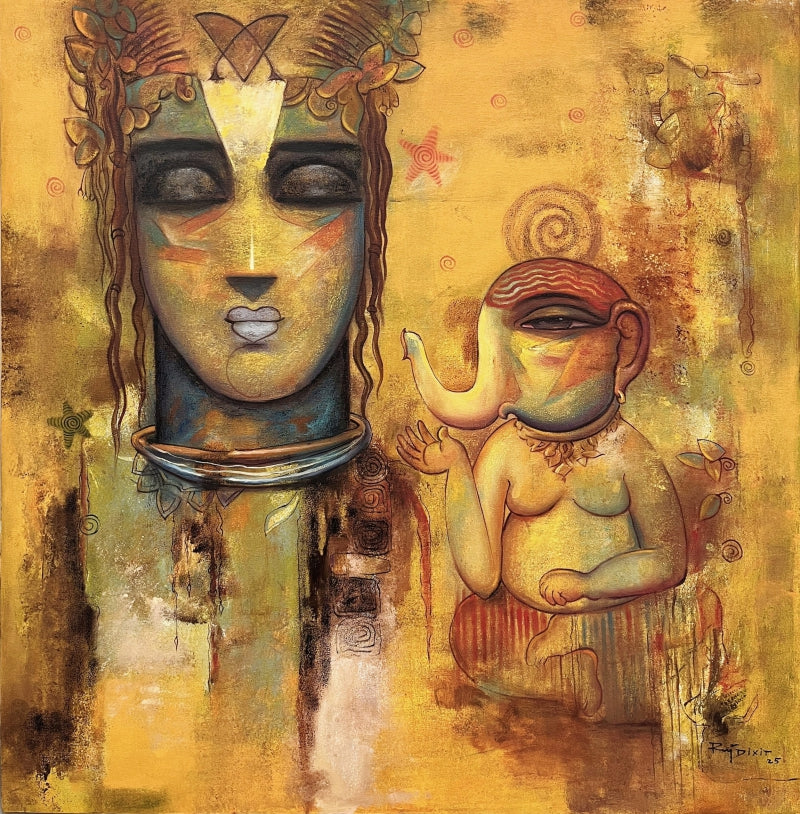 'Surender' religious acrylic painting by artist Rajendra Dixit, 32x32 inch, on canvas