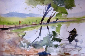 surrealism (Countryside Calm) by Prafulla Taywade, Original Watercolor Landscape Painting on Paper, Small Horizontal Wall Art