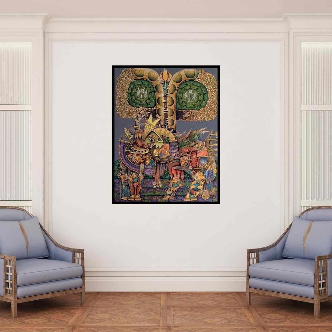 In-situ view of Jitendra Dangi's 'Surubhi (Cosmic Tree of Life)' painting in a room