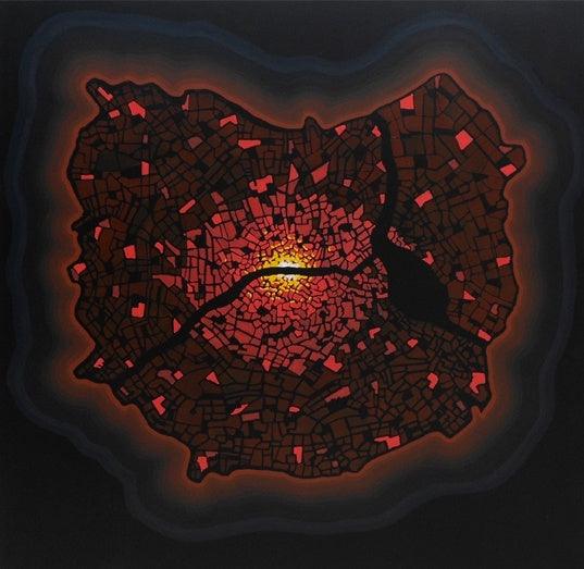 Cityscape acrylic painting titled 'Surviving Locality', 48x48 inches, by artist Govind Biswas on Canvas