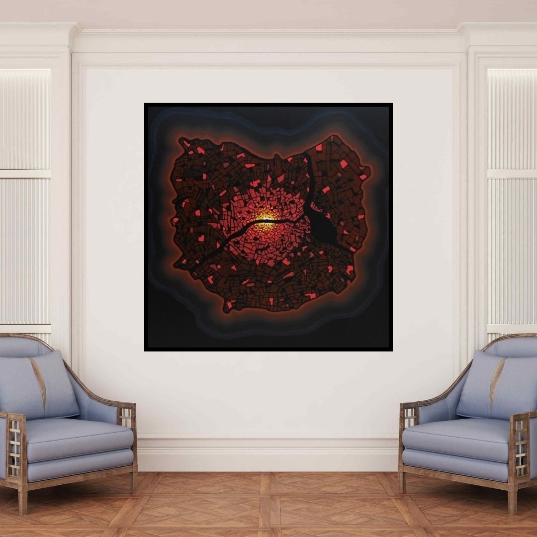 In-situ view of Govind Biswas's 'Surviving Locality (City Lights)' painting in a room