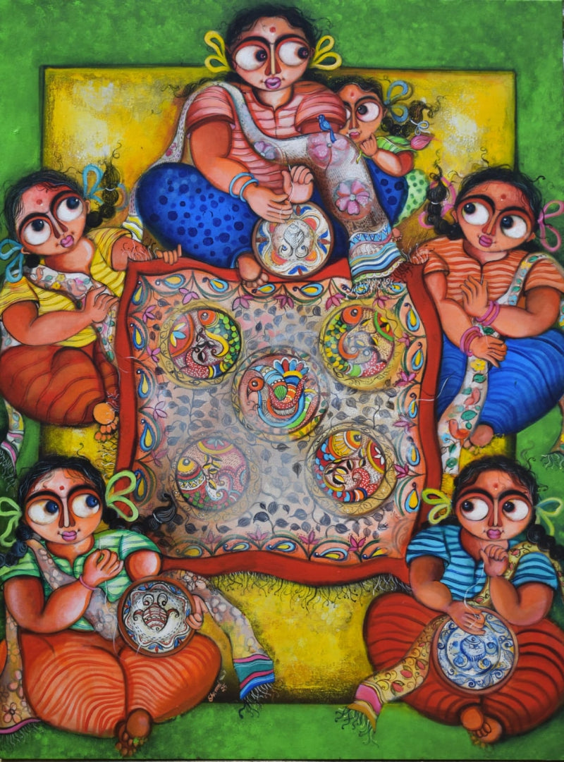 'Suta' figurative acrylic painting by artist Sharmi Dey, 48x36 inch, on canvas