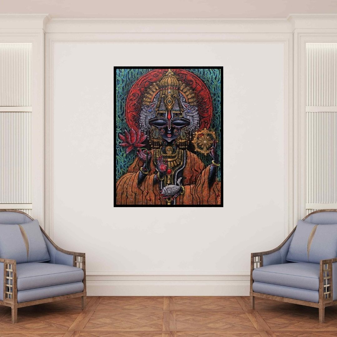 In-situ view of Anil Kumar Vishwakarma's 'Swami Narayana (Divine Radiance Krishna and the Lotus)' painting in a room