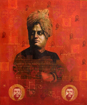 Swami Vivekananda (Tribal Dancers) by Atin Mitra, Original Tempera Figurative Painting on Canvas Board, Large Vertical Wall Art