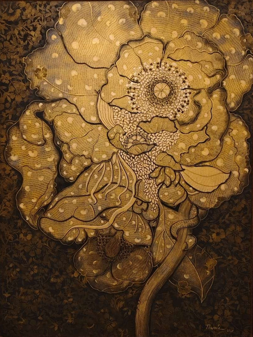 Swarna Pushpa' nature mixed-media painting by artist Yogesh Powale, 48x36 inch, on canvas