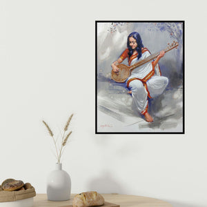 Vijay Jadhav's 'Swarsaaj' painting visualized above a sofa in a contemporary room.