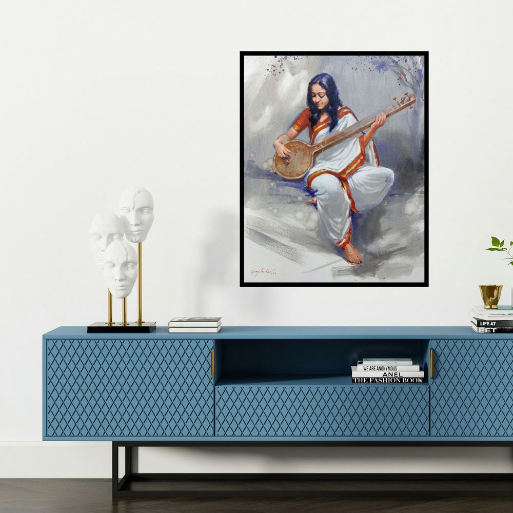 'Swarsaaj' painting by Vijay Jadhav shown on a wall in a furnished room.