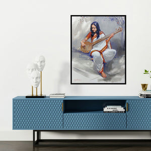 'Swarsaaj' painting by Vijay Jadhav shown on a wall in a furnished room.