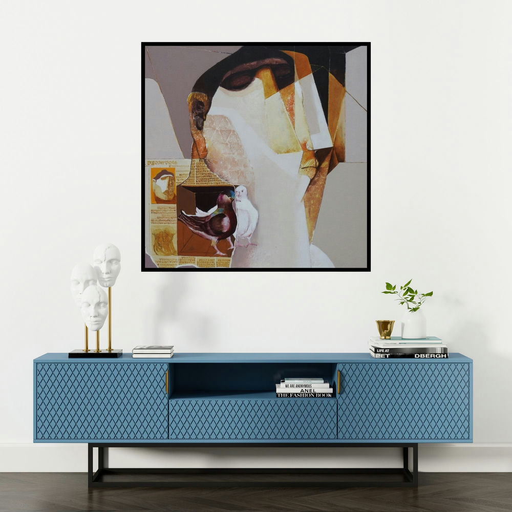 'Swayvedan 101 (The Oracle's Message)' painting by Lakshman Chavan shown on a wall in a furnished room.