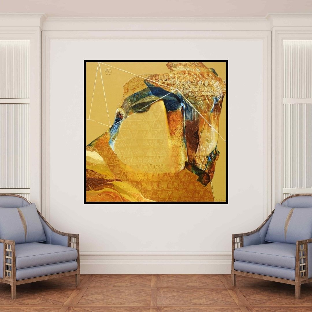 In-situ view of Lakshman Chavan's 'Swayvedan 103 (Celestial Tapestry)' painting in a room