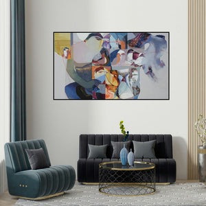 Lakshman Chavan's 'Swayvedan 111' painting visualized above a sofa in a contemporary room.