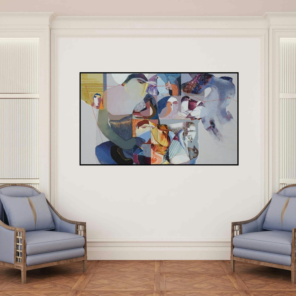 'Swayvedan 111' painting by Lakshman Chavan shown on a wall in a furnished room.