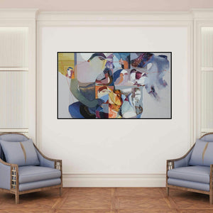 'Swayvedan 111' painting by Lakshman Chavan shown on a wall in a furnished room.