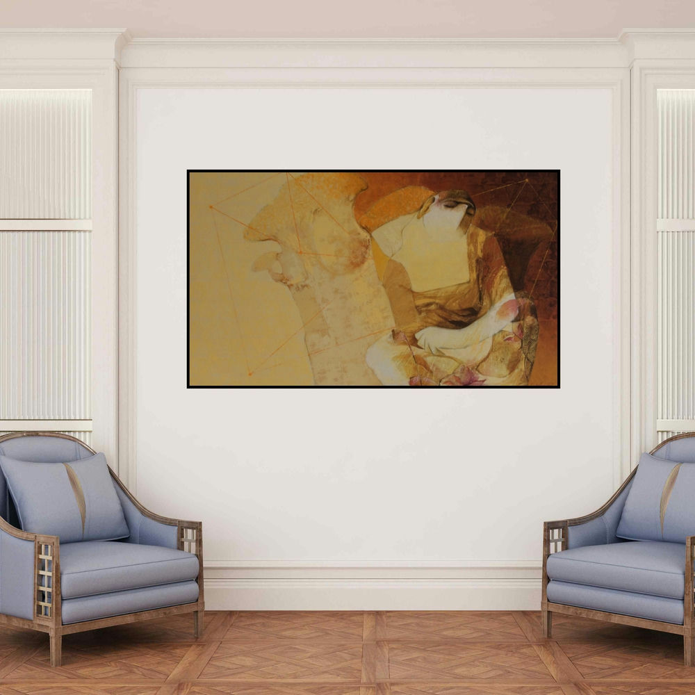 'Swayvedan 134' painting by Lakshman Chavan shown on a wall in a furnished room.