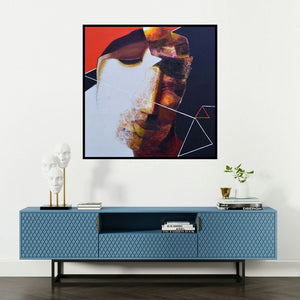 'Swayvedan 163 (Divided Self)' painting by Lakshman Chavan shown on a wall in a furnished room.