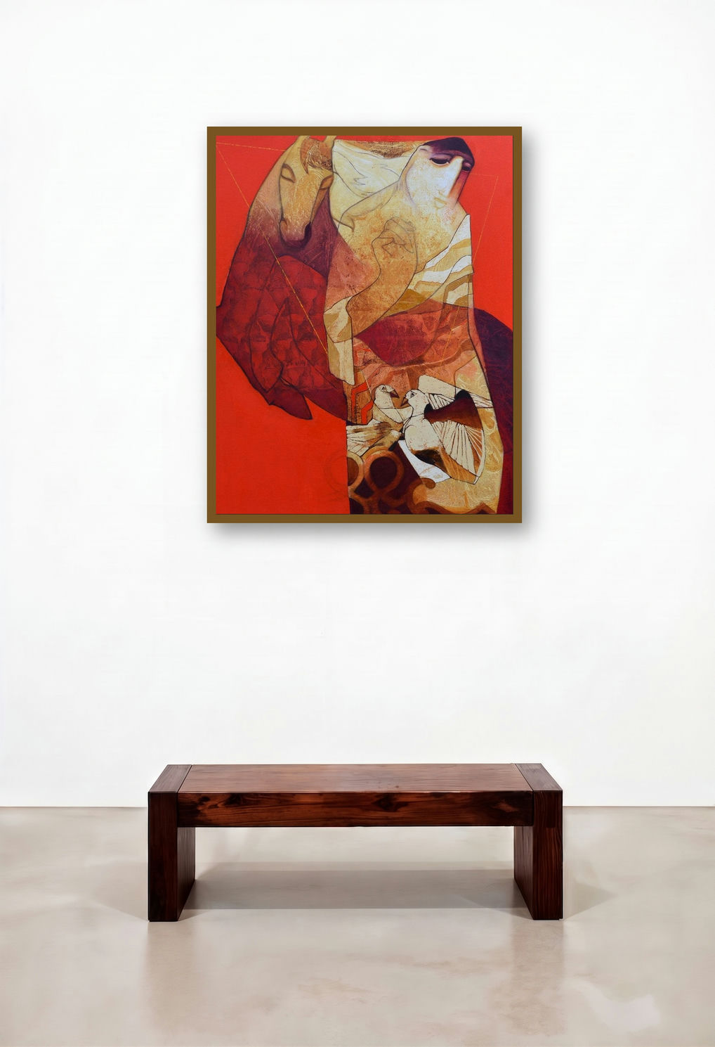 Swayvedan 164 (Celestial Rider) by artist Lakshman Chavan displayed in a Mid-Century Modern Hotel Lobby