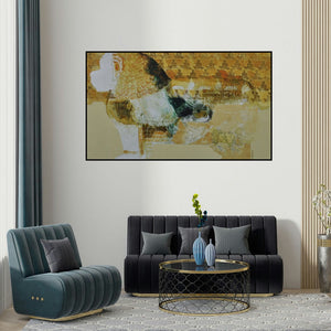 Lakshman Chavan's 'Swayvedan 35 (The Awakening)' painting visualized above a sofa in a contemporary room.