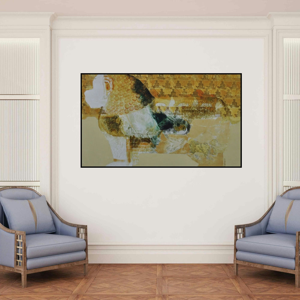 'Swayvedan 35 (The Awakening)' painting by Lakshman Chavan shown on a wall in a furnished room.