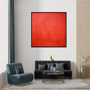 Preview of 'Swayvedan 36 (Crimson Sea of Forms)' Painting by Lakshman Chavan shown on a wall in a furnished room.