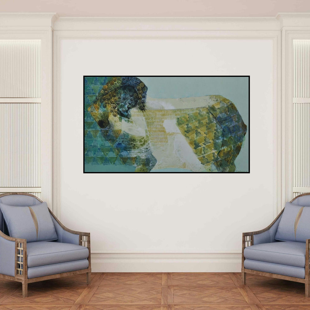 'Swayvedan 37 (The Dreamer)' painting by Lakshman Chavan shown on a wall in a furnished room.