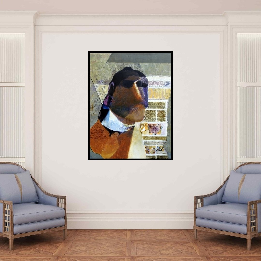 In-situ view of Lakshman Chavan's 'Swayvedan 60 (Figure with Newspaper)' painting in a room