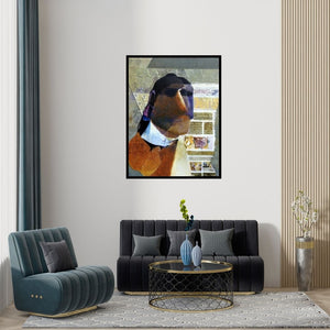 Preview of 'Swayvedan 60 (Figure with Newspaper)' Painting by Lakshman Chavan shown on a wall in a furnished room.