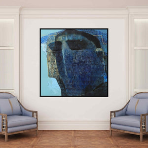 In-situ view of Lakshman Chavan's 'Swayvedan 62 (Blue Face)' painting in a room