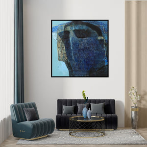Preview of 'Swayvedan 62 (Blue Face)' Painting by Lakshman Chavan shown on a wall in a furnished room.
