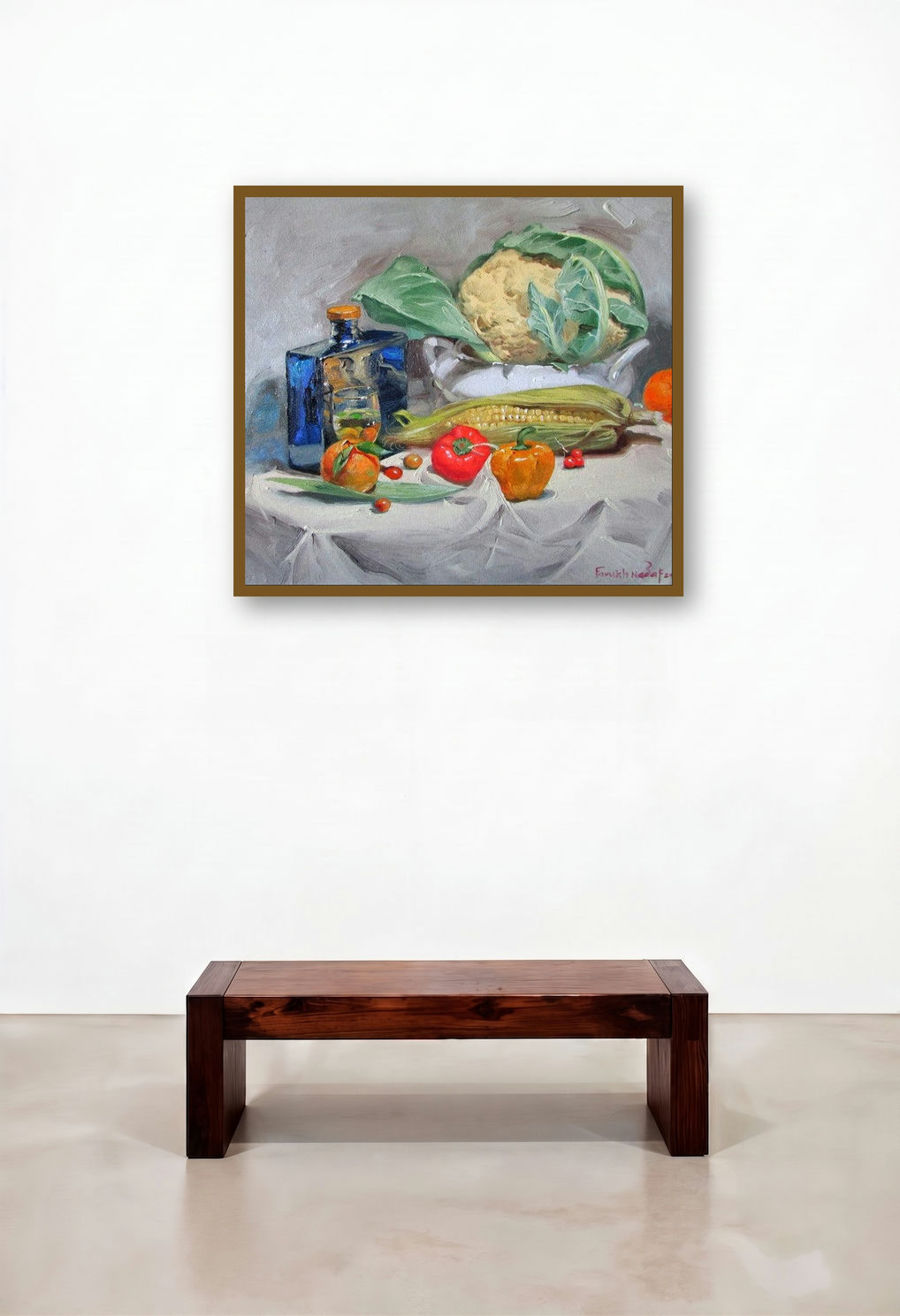 Sweet Corn (Still Life with Vegetables and Fruit) by artist Farukh Nadaf displayed in a Boutique Hotel Style Hotel Lobby