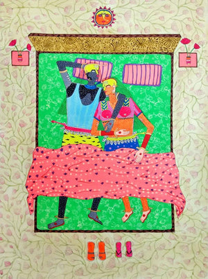 Sweet Dreams (Morning Awakening) by Priti Singh, Original Mixed Media Figurative Painting on Canvas, Small Vertical Wall Art