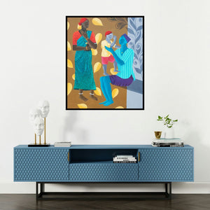 Abhiram Bairu's 'Sweet Family (Mother and Child)' painting visualized above a sofa in a contemporary room.