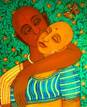 Sweet Kiss (Affection) by V V Swamy, Original Acrylic Figurative Painting on Canvas, Small Vertical Wall Art