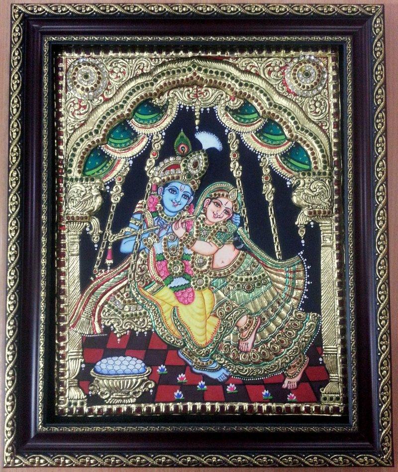 Religious tanjore traditional art titled 'Swing Radhakrishna Tanjore Painting', 14x18 inches, by artist VANI VIJAY on Plywood