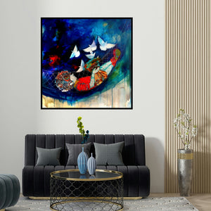 Shiv Kumar Soni's 'The Swinging Childhood Ii' painting visualized above a sofa in a contemporary room.