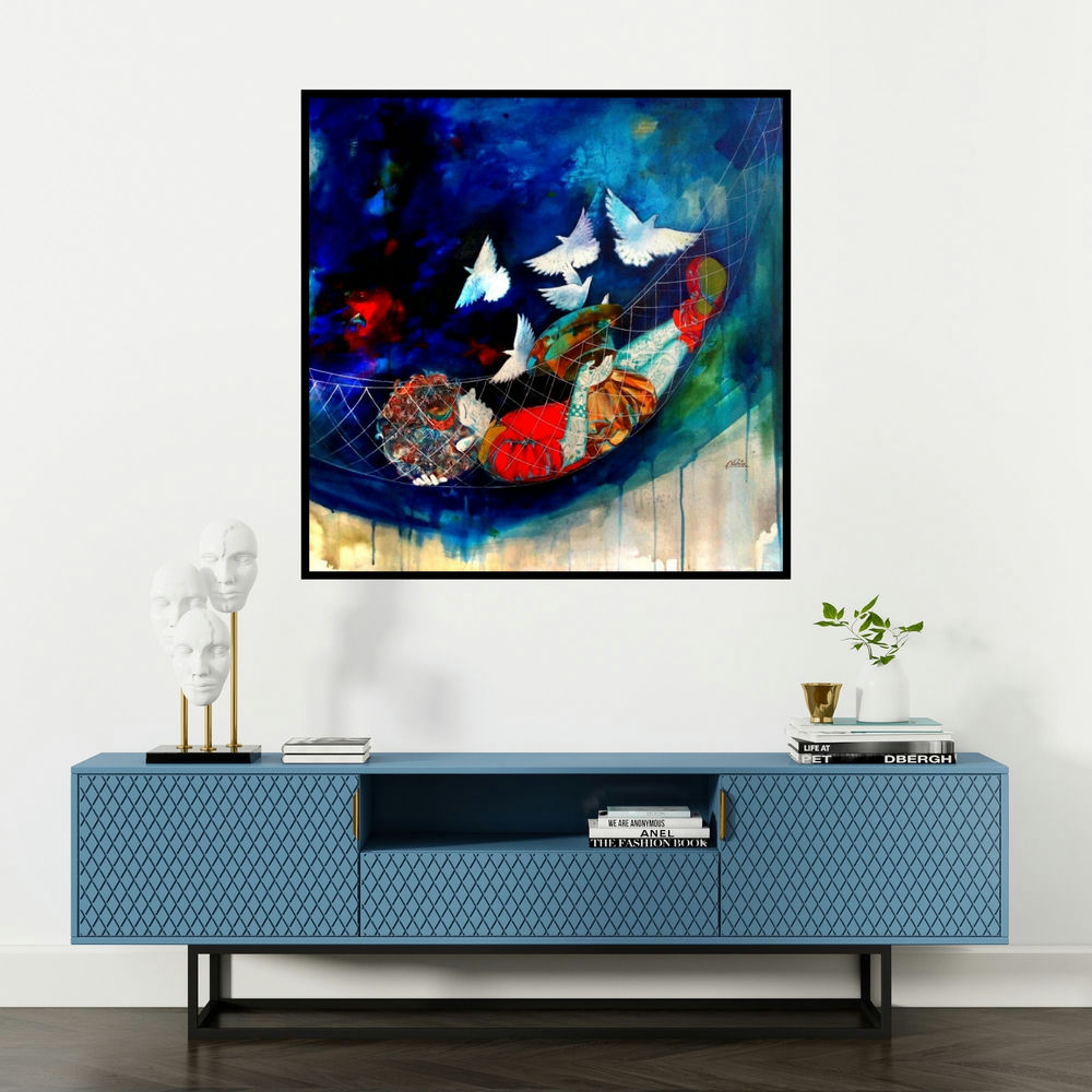 'The Swinging Childhood Ii' painting by Shiv Kumar Soni shown on a wall in a furnished room.