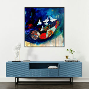 'The Swinging Childhood Ii' painting by Shiv Kumar Soni shown on a wall in a furnished room.