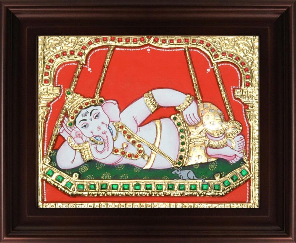 Religious tanjore traditional art titled 'Swinging Ganesha on Jhula Tanjore', 18x24 inches, by artist Myangadi Tanjore on Plywood