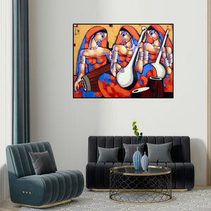 Sekhar Roy's 'Symphony 3 (Symphony of Souls)' painting visualized above a sofa in a contemporary room.