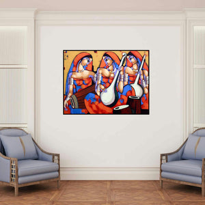 'Symphony 3 (Symphony of Souls)' painting by Sekhar Roy shown on a wall in a furnished room.
