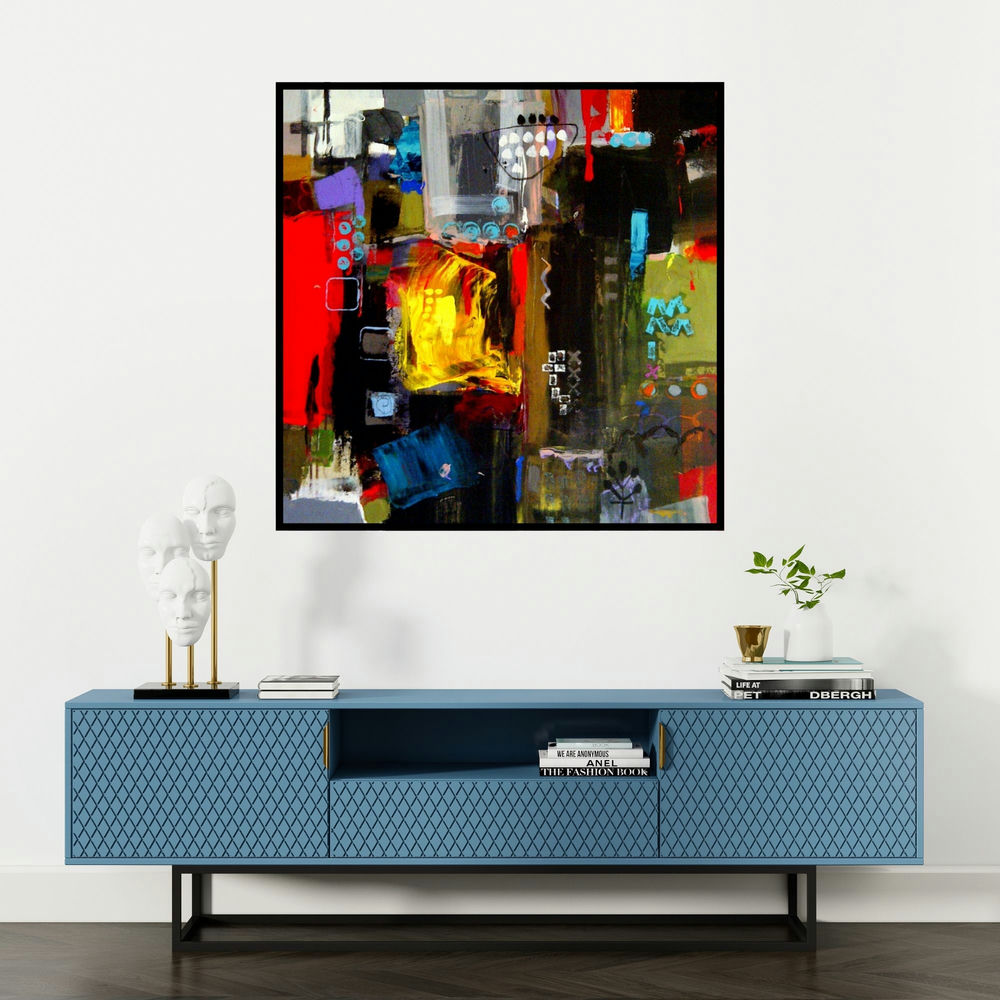'Symphony (Urban Symphony)' painting by Niladri Paul shown on a wall in a furnished room.