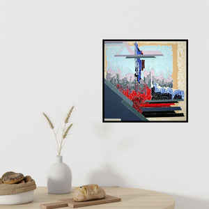 Preview of 'Symphony In Blue Red (Symphony in Blue and Red)' Painting by Veena Chitrakar shown on a wall in a furnished room.