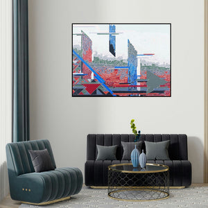 Veena Chitrakar's 'Symphony In Grey 1 (Urban Abstraction)' painting visualized above a sofa in a contemporary room.