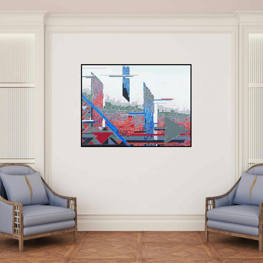 'Symphony In Grey 1 (Urban Abstraction)' painting by Veena Chitrakar shown on a wall in a furnished room.