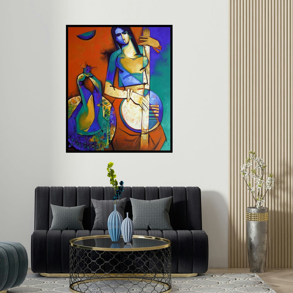'Symphony I (Celestial Melody: A Muses Enchantment)' painting by Arvind Kolapkar shown on a wall in a furnished room.