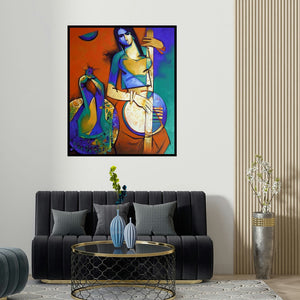 'Symphony I (Celestial Melody: A Muses Enchantment)' painting by Arvind Kolapkar shown on a wall in a furnished room.