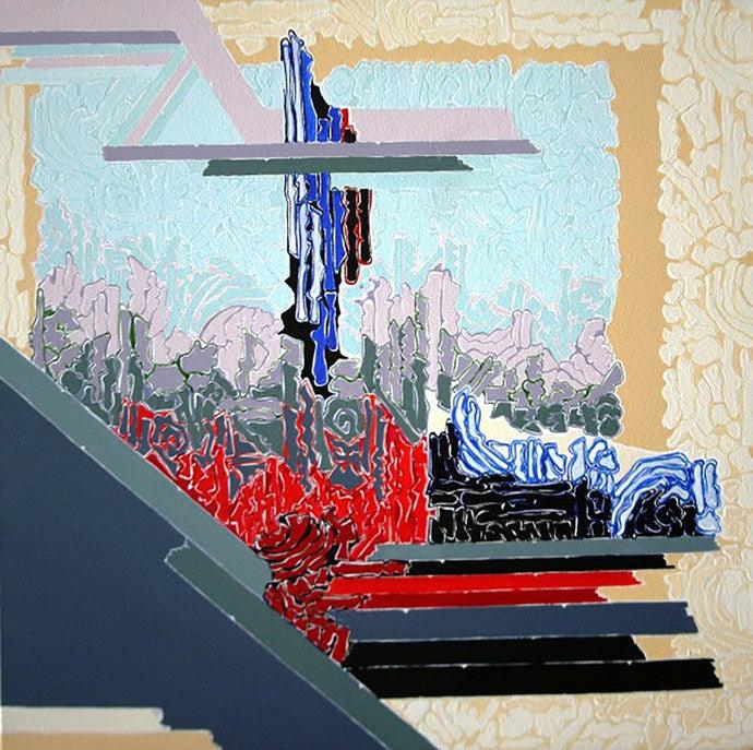 Abstract acrylic painting titled 'Symphony in Blue Red', 24x24 inches, by artist Veena Chitrakar on Canvas