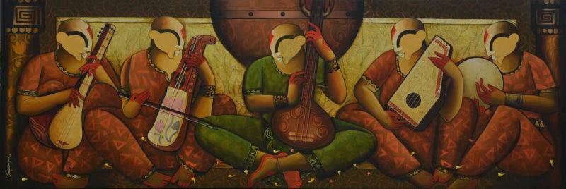 Figurative acrylic painting titled 'Symphony Of Strings', 108x36 inches, by artist Anupam Pal on canvas