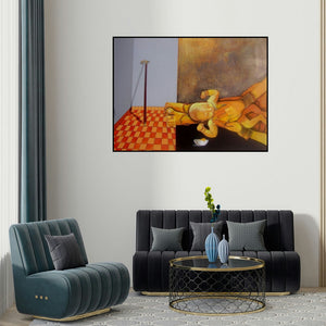'Syncretize 9' painting by Abhipsa Pradhan shown on a wall in a furnished room.