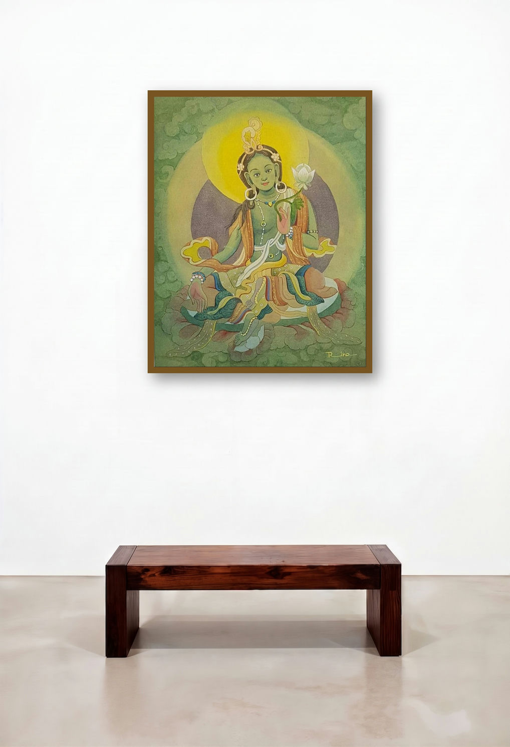 Taara (Green Tara) by artist Rina Roy displayed in a Modern Foyer