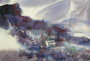 Table Land Mindscape 71 by Sunil Kale, Original Watercolor Landscape Painting on Arches Paper, Small Horizontal Wall Art
